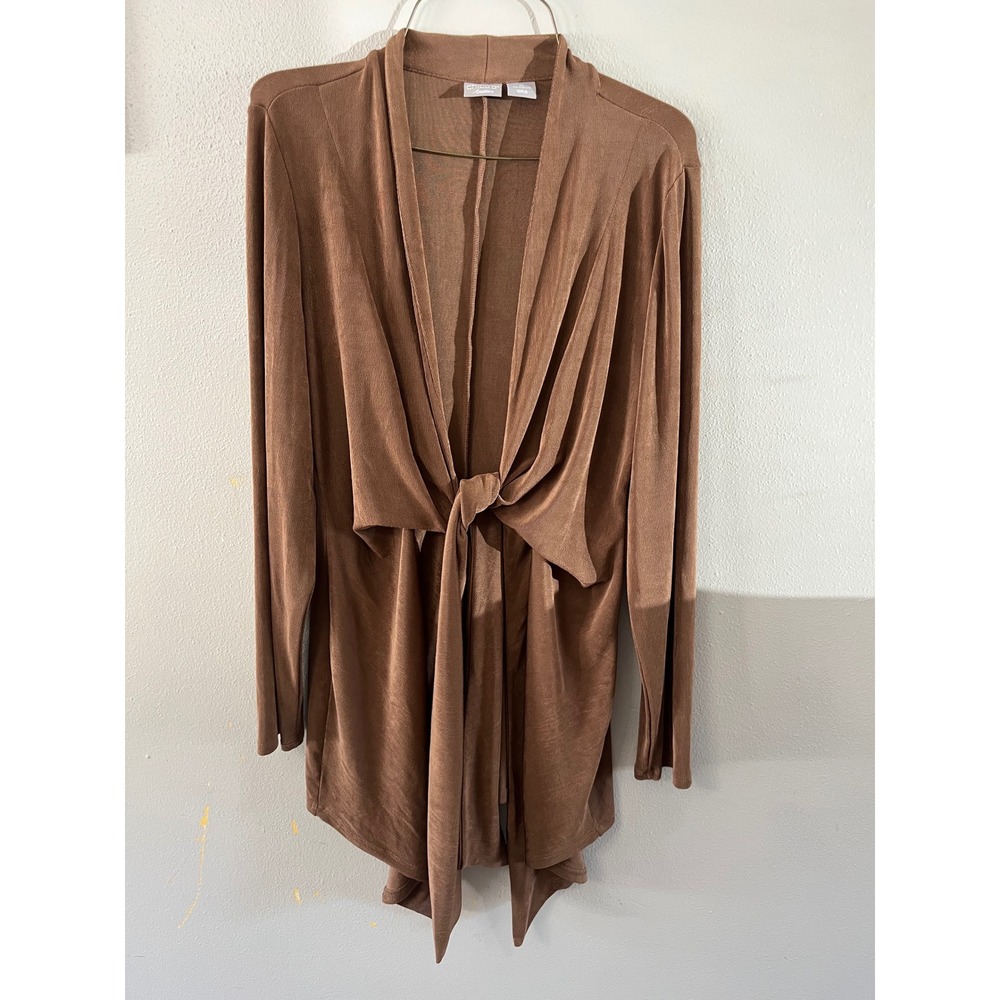 CHICOS Travelers Cardigan Tie Front Draped Women S 4/6 Brown Minimalist Layer